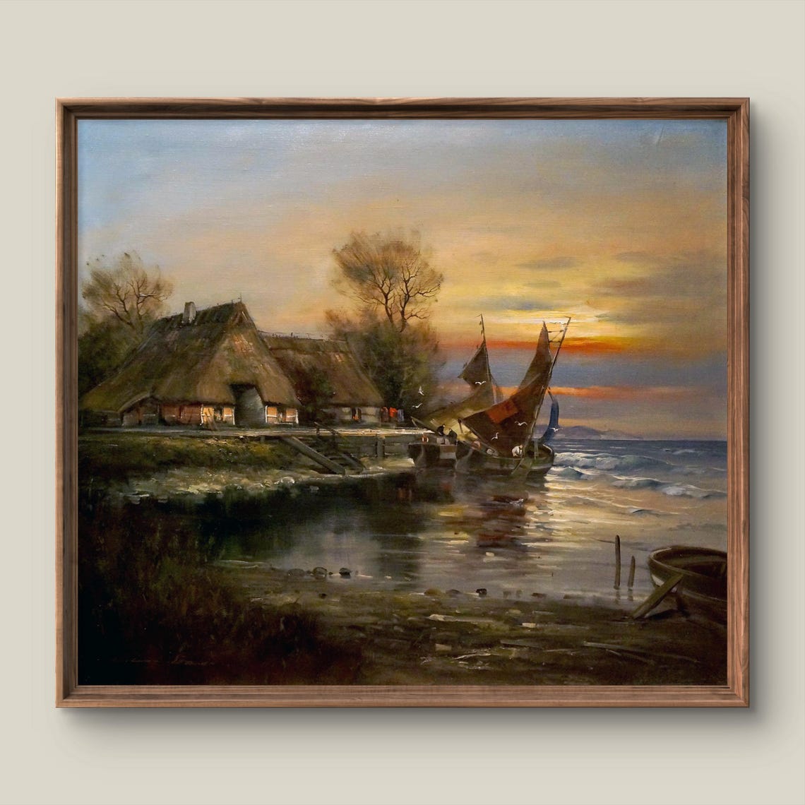 Sunset Coastal Cottages Sailboats Romantic Vintage Painting Poster