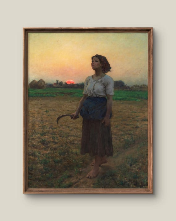 Vintage Woman Portrait Art Print Rustic Wall Decor Antique Painting Sunset Scene Instant