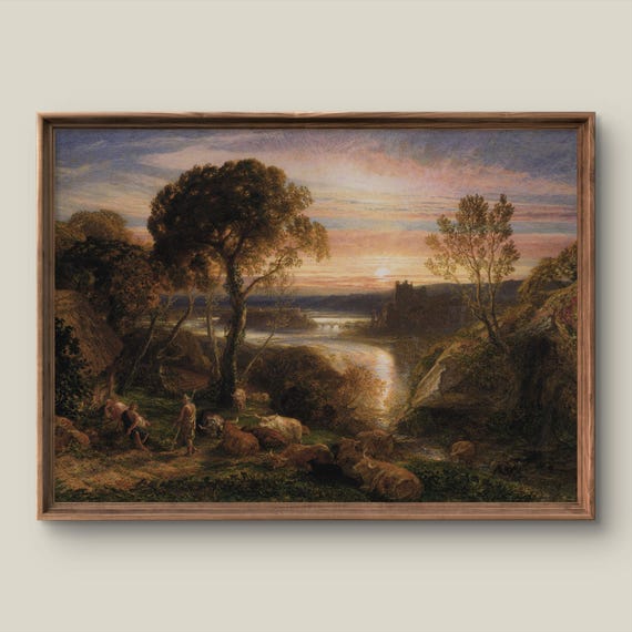 Vintage Summer Landscape Art Print Rustic Wall Decor Antique Painting Sunset Instant