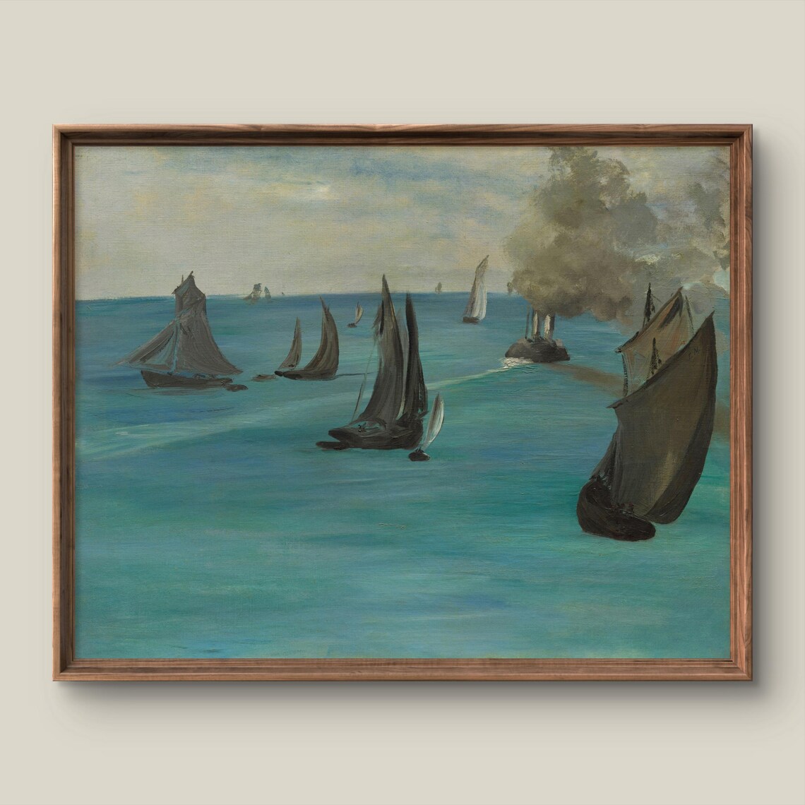 Antique Sailboats at Sea Oil Painting Poster with Steamer Smoke Art