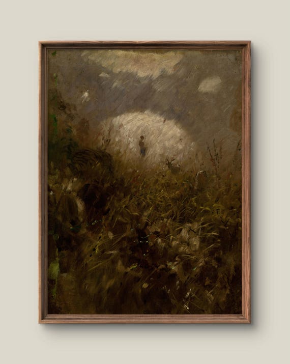 Vintage Moody Landscape Art Print Rustic Wall Decor Antique Painting Summer Field Instant