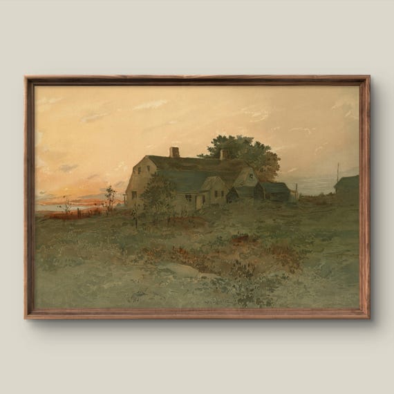 Vintage Village Landscape Art Print Rustic Wall Decor Antique Painting Sunset Instant
