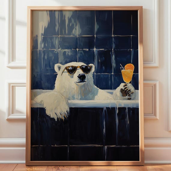 Polar Bear In Bathtub Art Print Funny With Cocktail Poster Bathroom Wall Relaxing Spa Decor