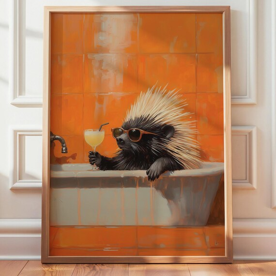 Porcupine in Bathtub With Sunglasses and Cocktail Funny Art Poster