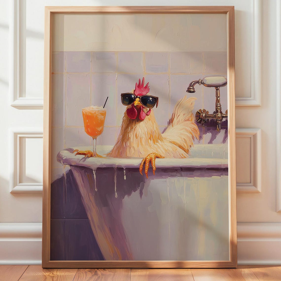 White Rooster In Bathtub Sunglasses Cocktail Funny Bathroom Poster