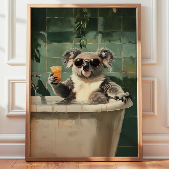 Koala In Bathtub Art Print Vertical With Cocktail Poster Australian Animal Bathroom Wall Spa Decor