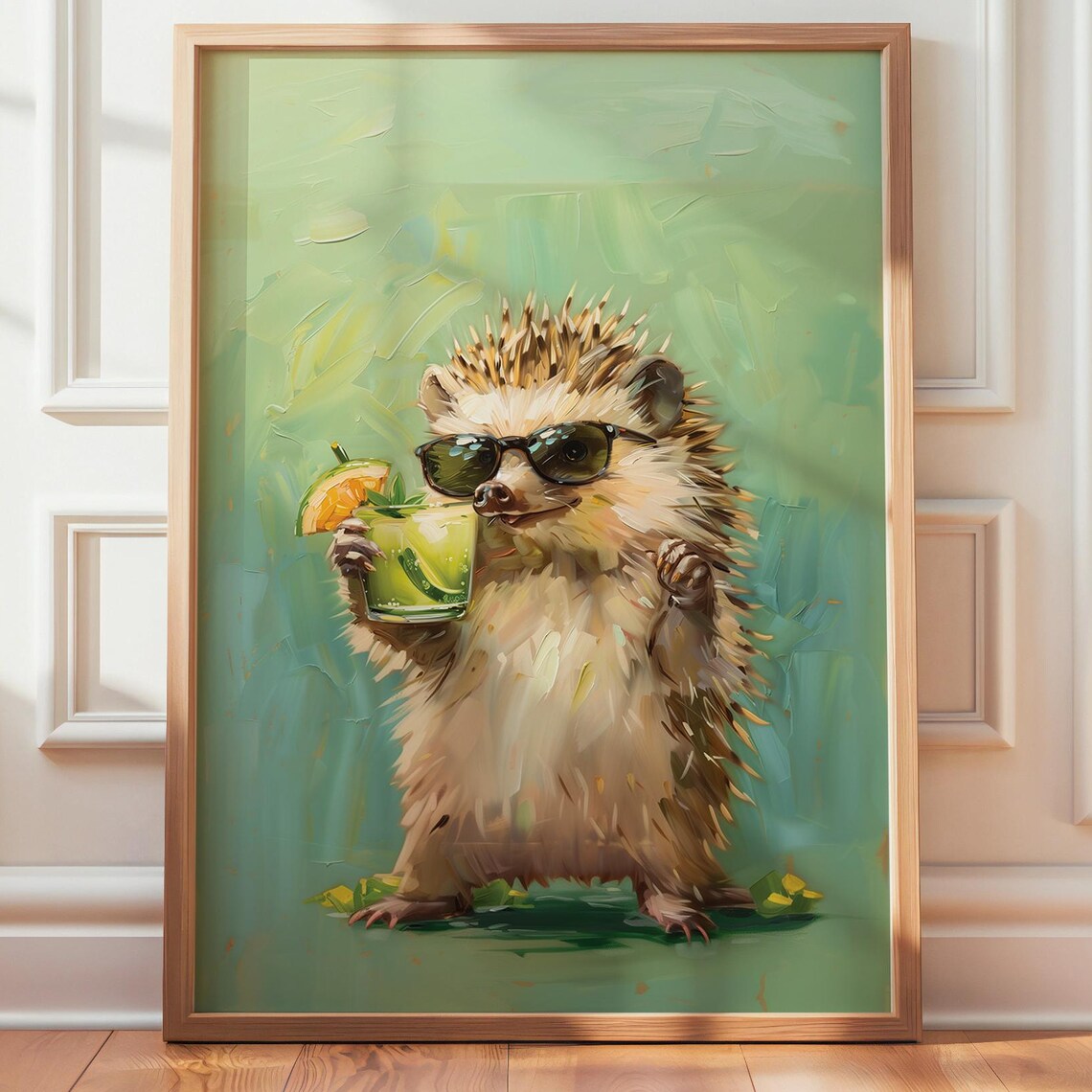 Hedgehog Art Print, Green Cocktail Poster