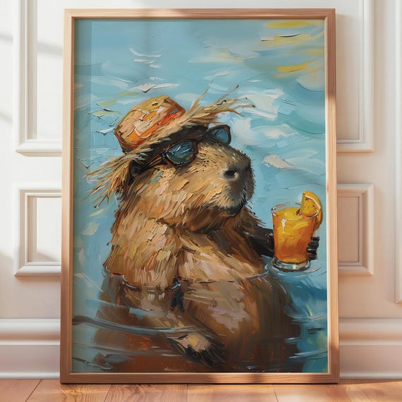 Capybara Pool Party Wall Art Vertical Funny Tropical Animal Poster Cocktail Decor Bathroom Or Bar Print