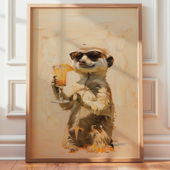 Meerkat Cocktail Wall Art Print In Sunglasses Animal Bathroom Decor