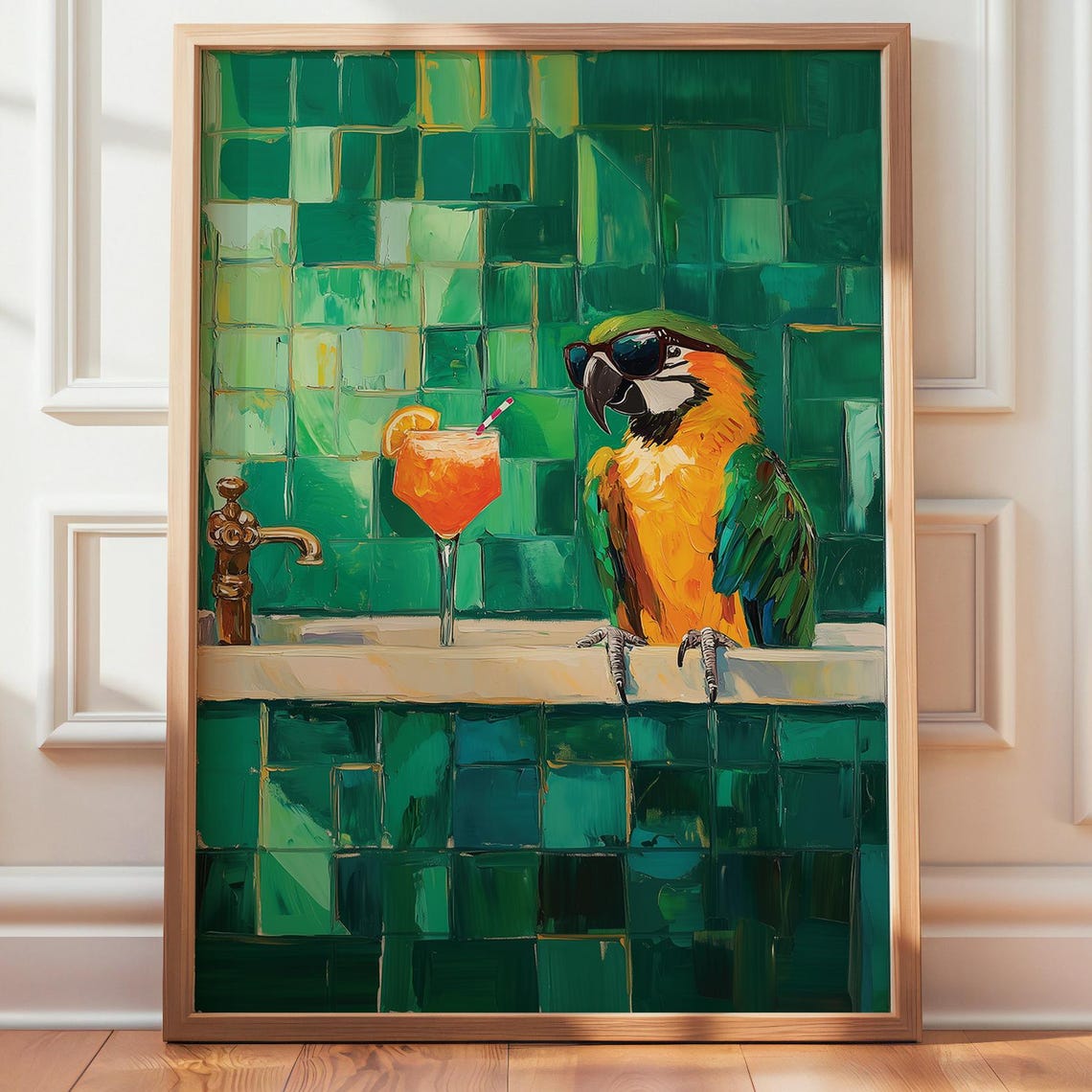 Macaw Parrot in Bathtub With Cocktail and Sunglasses Funny Poster