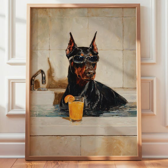 Doberman Bath Print Decor Funny Bathroom Art Dog Dogs Drinking Poster Retro Oil Painting With Cocktail Wall