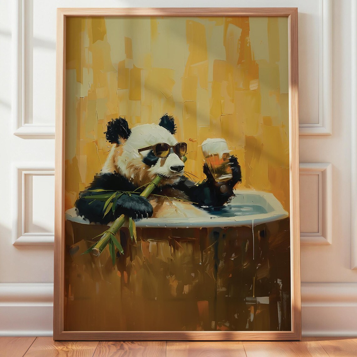 Panda With Beer and Bamboo in Bathtub Art Print