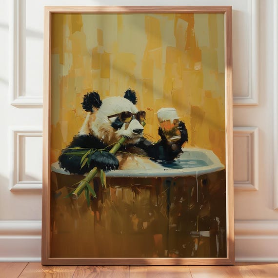 Panda With Beer and Bamboo in Bathtub Art Print