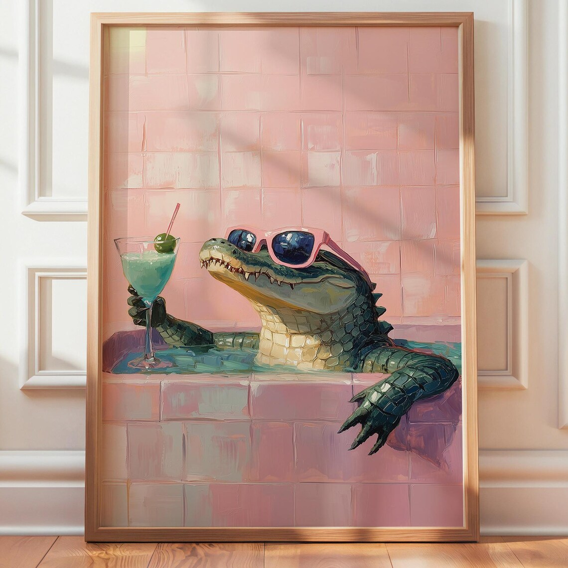 Alligator In Bathtub Art Print, Cocktail Bathroom Decor