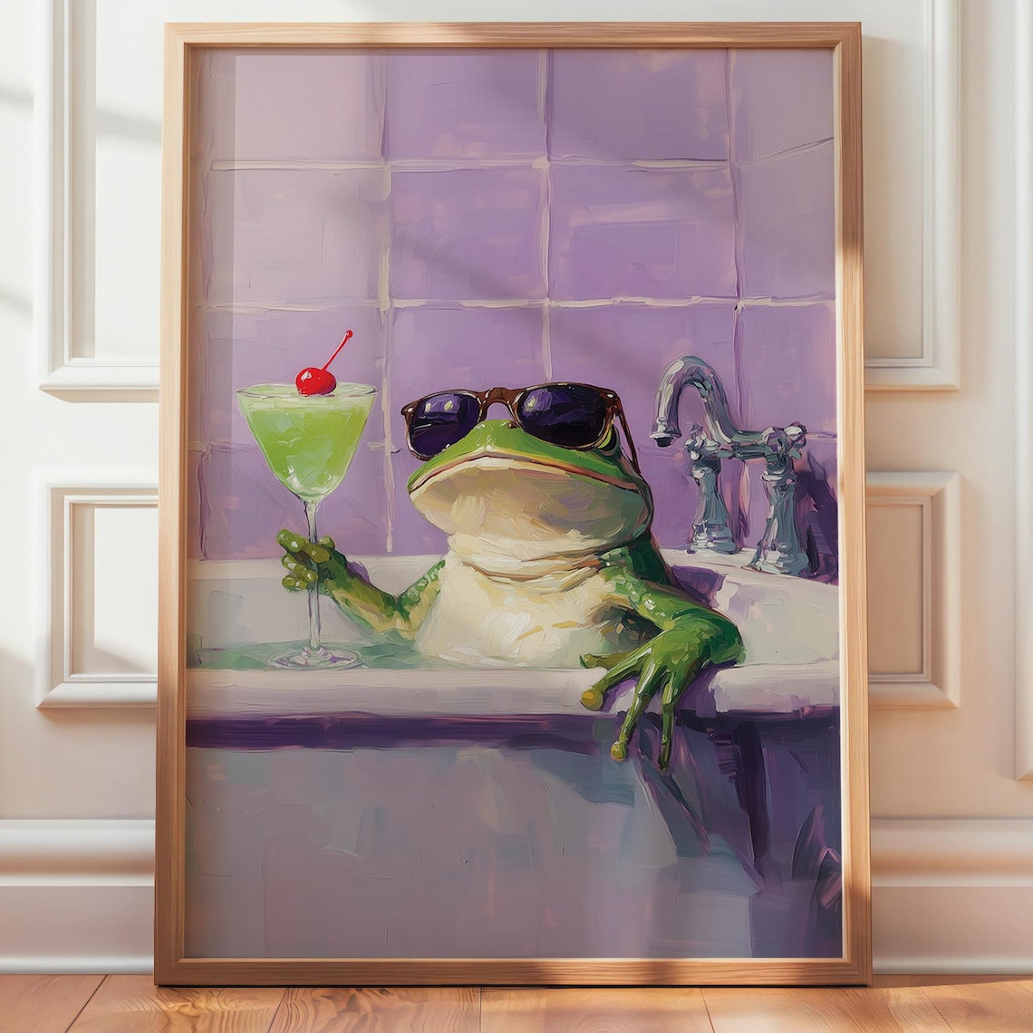 Funny Frog Relaxing in Bathtub Sunglasses Margarita Purple Tile Bathroom Poster