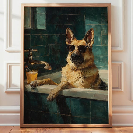 German Shepherd Bathroom Wall Art Dogs In Bathtub Funny Dog Lovers Poster Humor Print