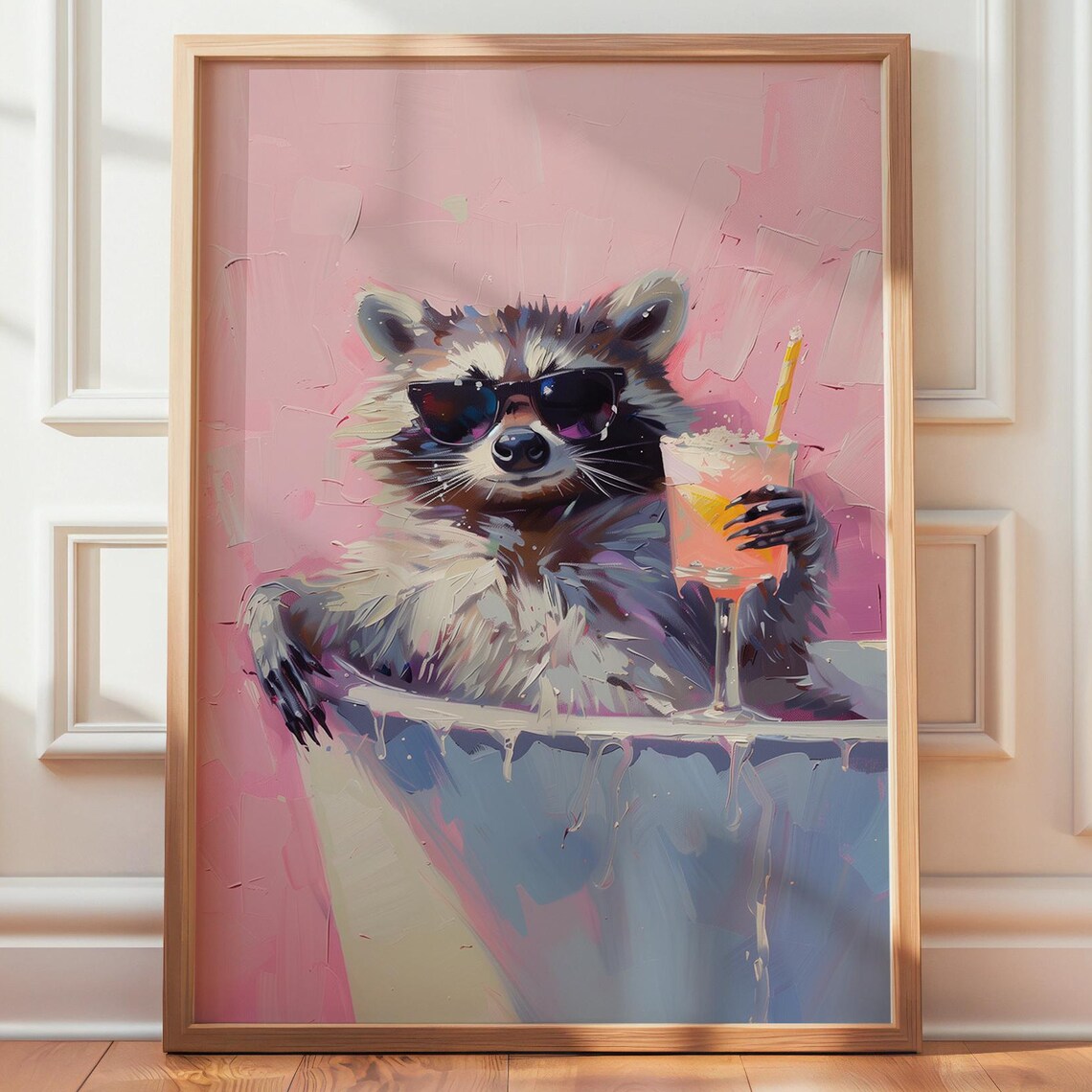 Raccoon Art Print, Pink Cocktail Bathtub Poster