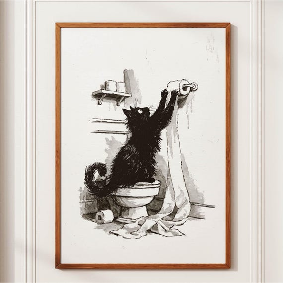 Funny Black Cat Bathroom Wall Art Toilet Paper Print Vintage Ink Illustration Quirky Restroom Decor White Poster Gift