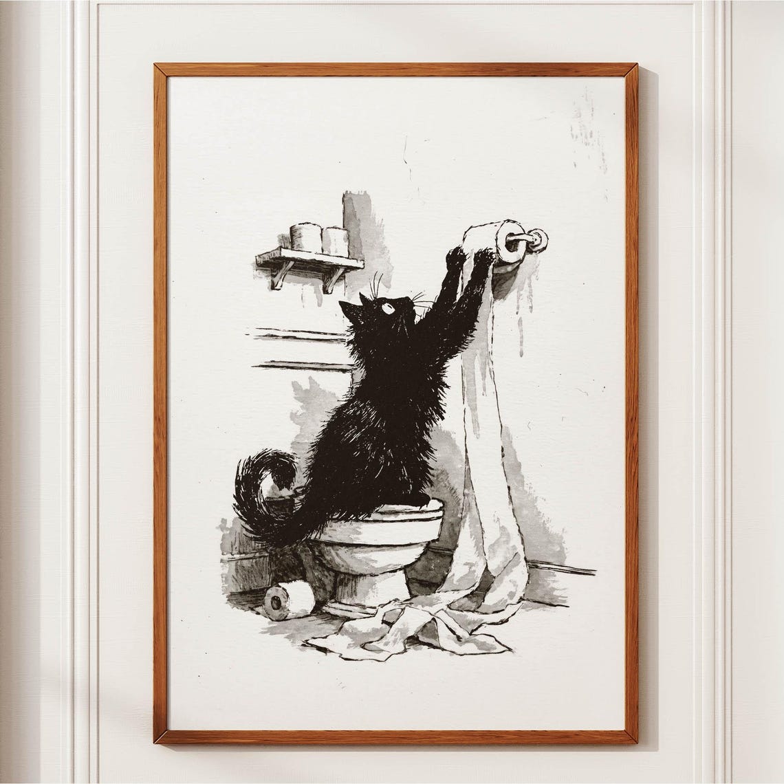 Black Cat Playing with Toilet Paper Ink Sketch Bathroom Poster
