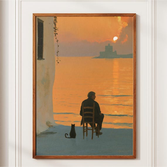 Man And Black Cat Watching Sunset Vintage Oil Painting Print Moody Coastal Sea Wall Art Solitude Mediterranean Poster Lover Gift