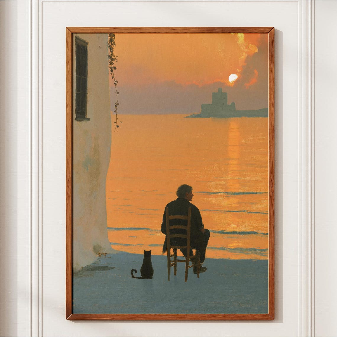 Golden Hour Ocean Sunset Painting with Man and Cat Seaside Poster