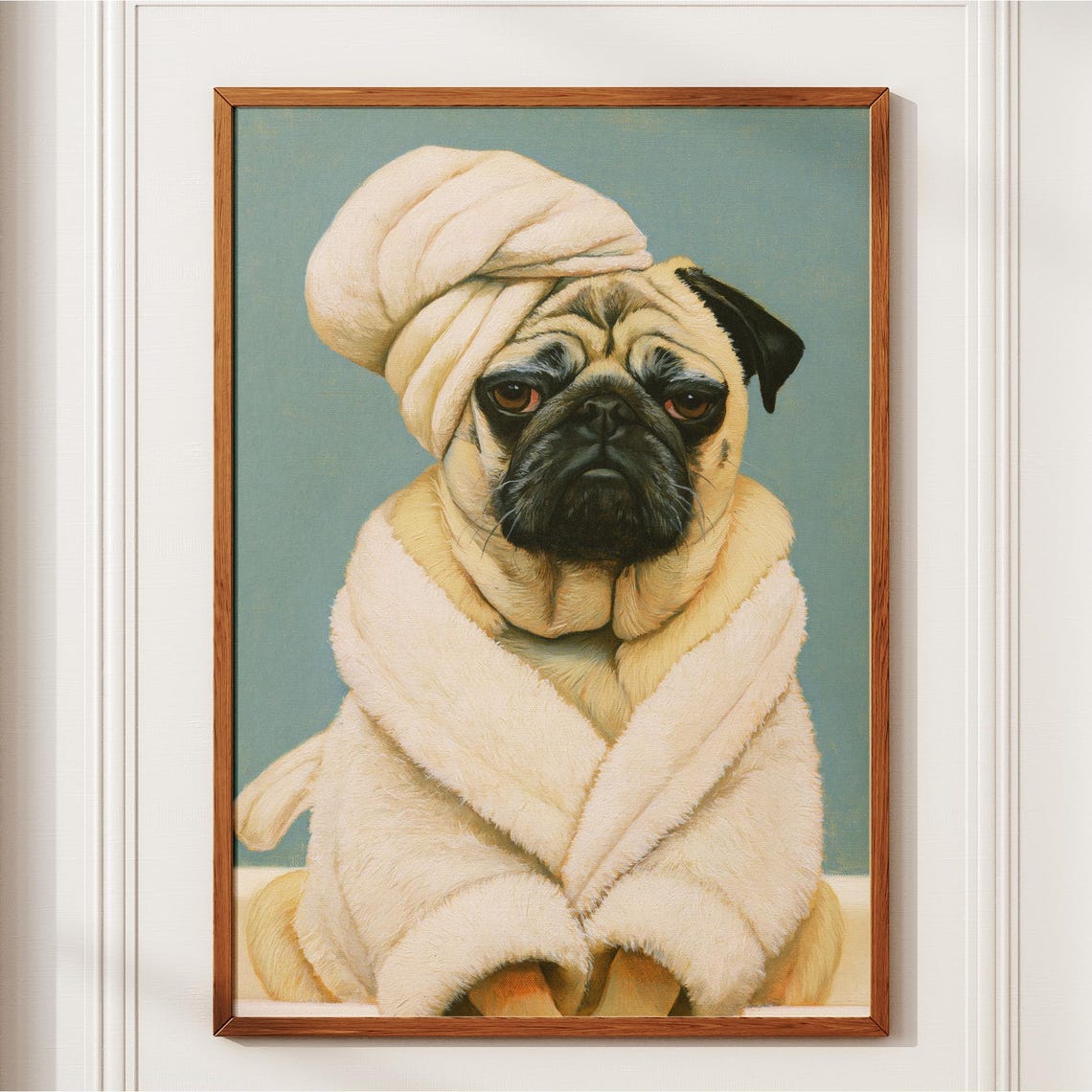 Grumpy Pug in Bathrobe and Towel Spa Day Funny Dog Art Poster