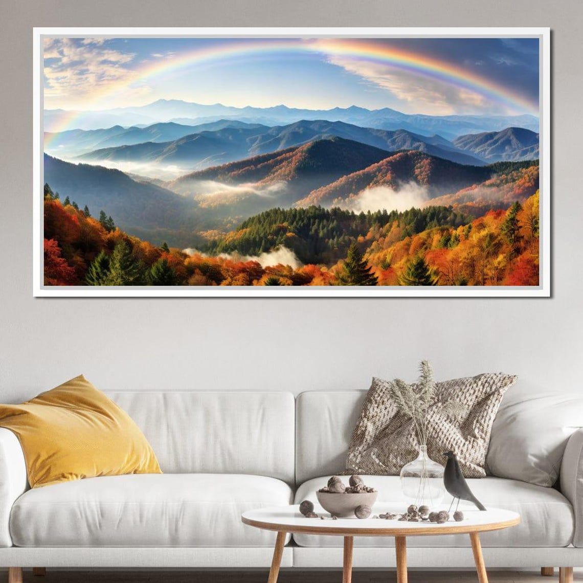 Rainbow Over Misty Autumn Mountain Valleys Fall Landscape Art Poster