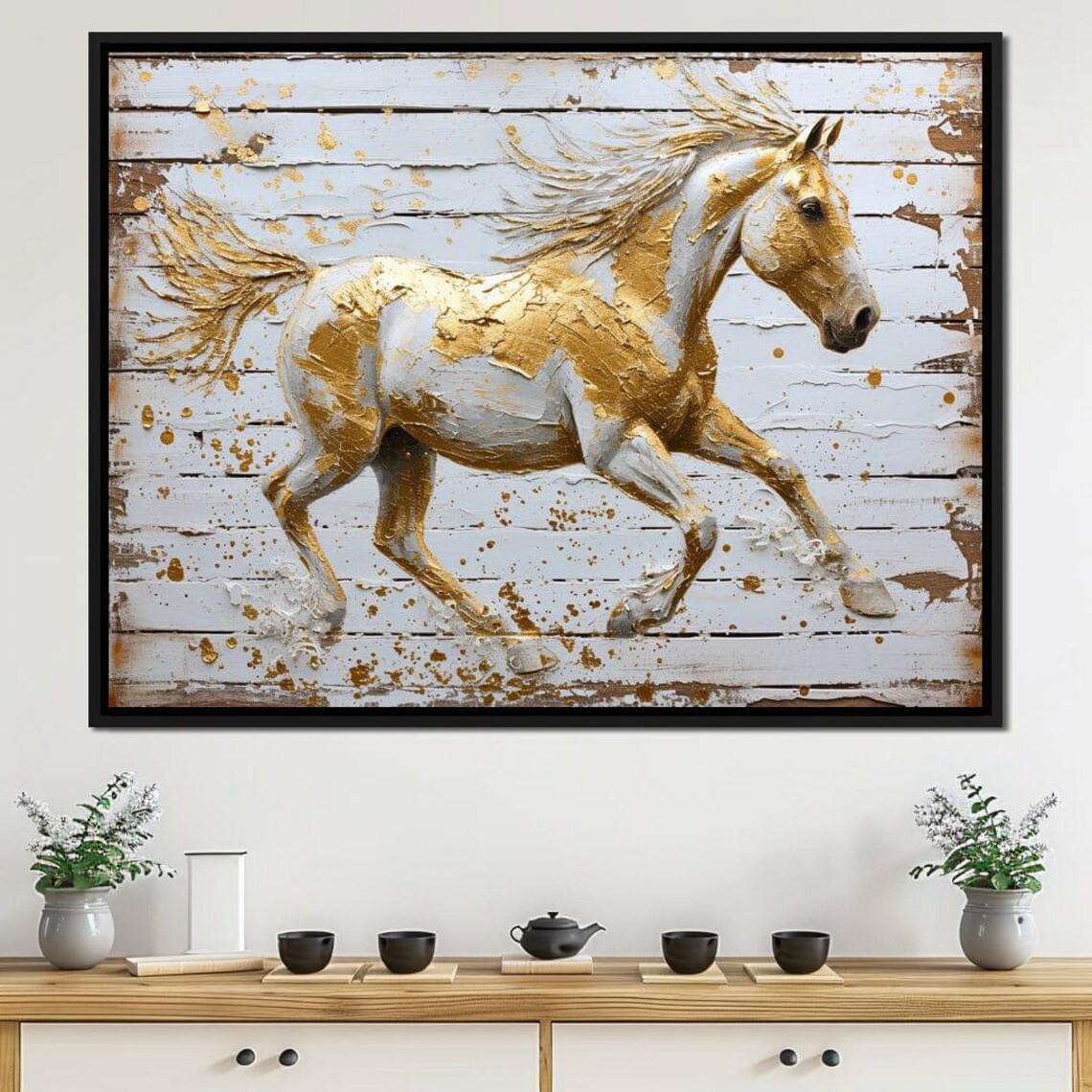 Golden Galloping Horse White Wood Gold Leaf Equestrian Art Poster - Image 3
