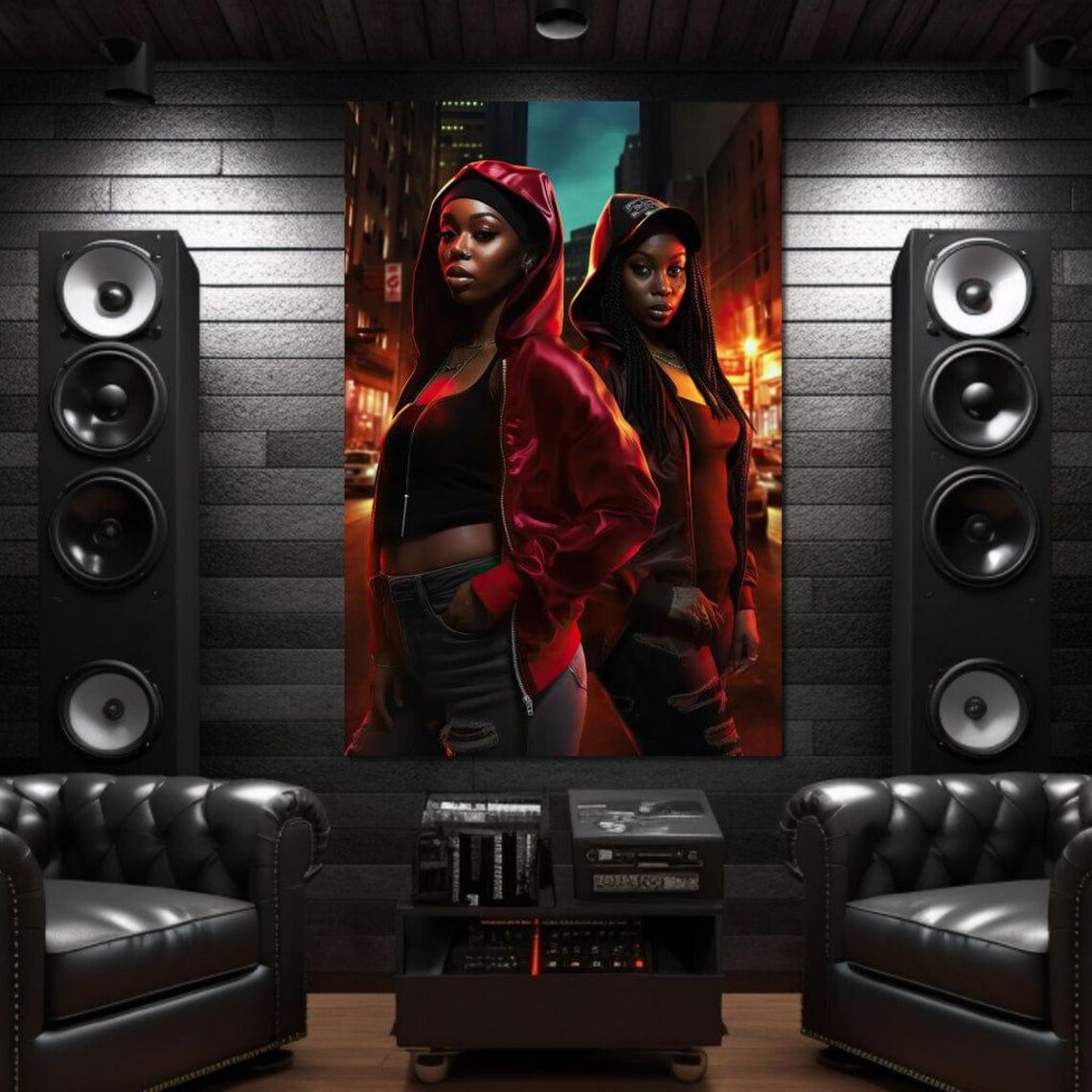 Urban Street Style Women Red Hoodie Night City Portrait Wall Art - Image 4