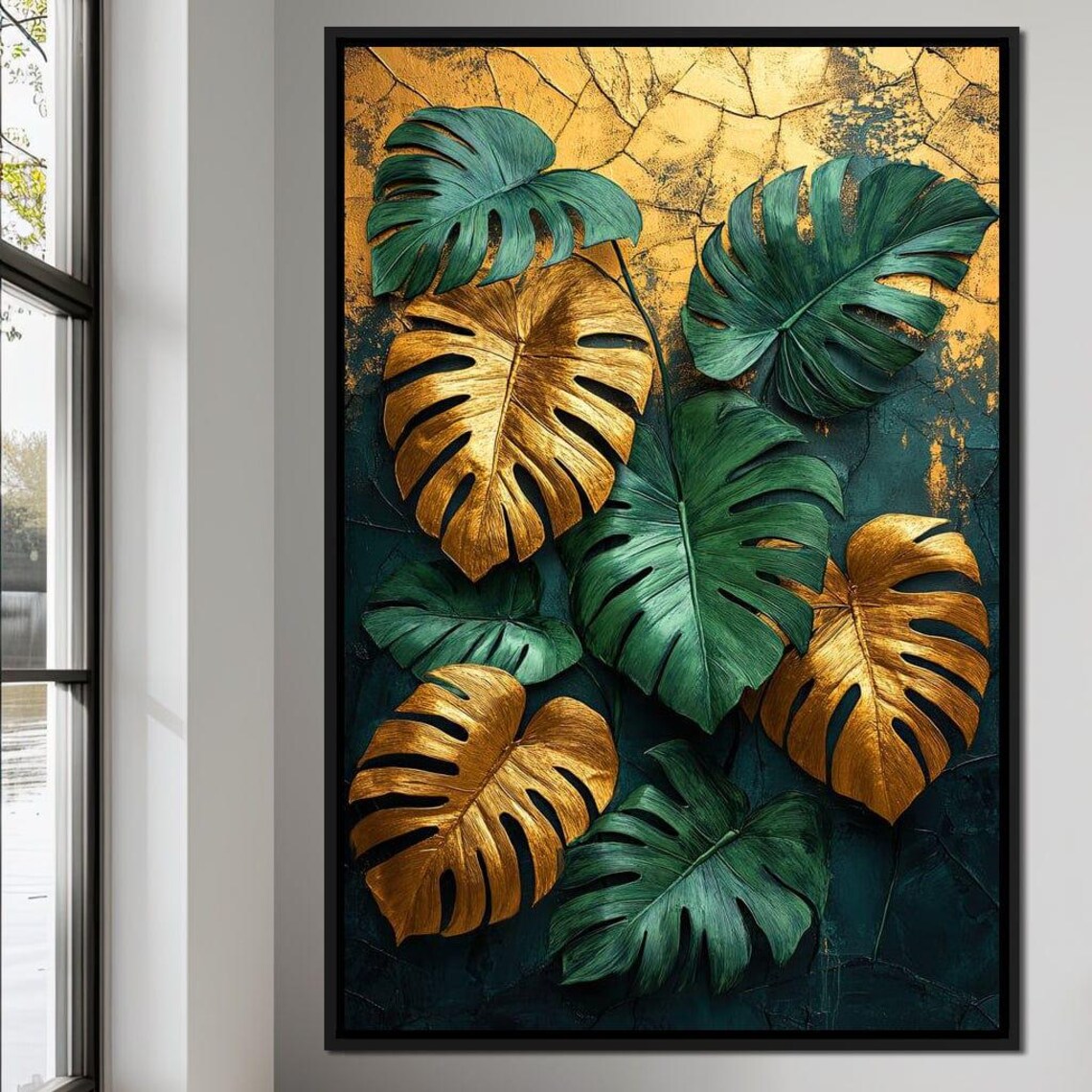 Gold Green Monstera Leaves Cracked Emerald Texture Botanical Art - Image 4