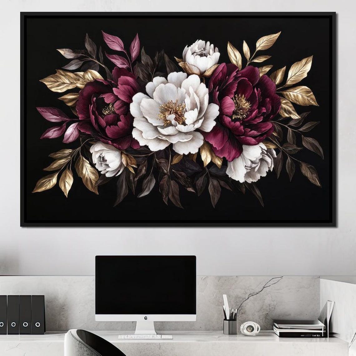 Burgundy White Peonies With Golden Leaves On Black Floral Art Poster - Image 3