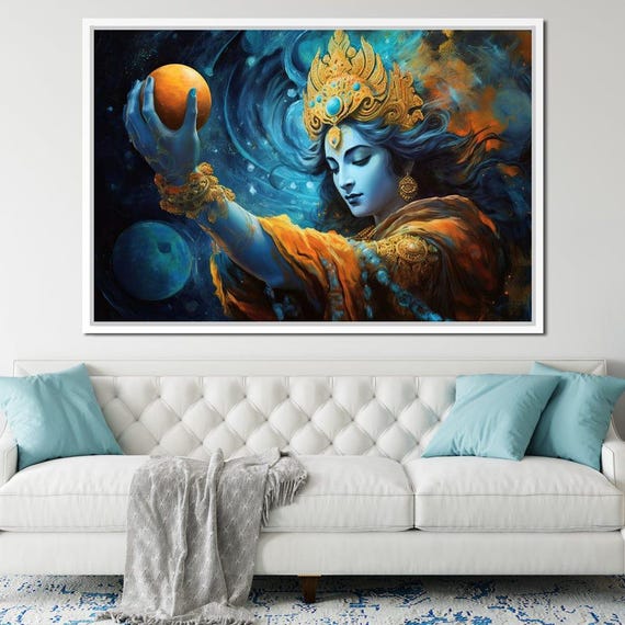 Krishnas Wisdom Path Hindu Deity Art Spiritual Decor Mystical Painting Cosmic Design Divine Energy Ethereal Decor By Nichecanvas
