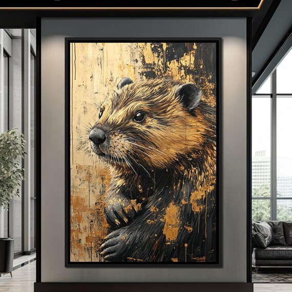 Golden Beaver Portrait Black Gold Textured Wildlife Painting Art Poster