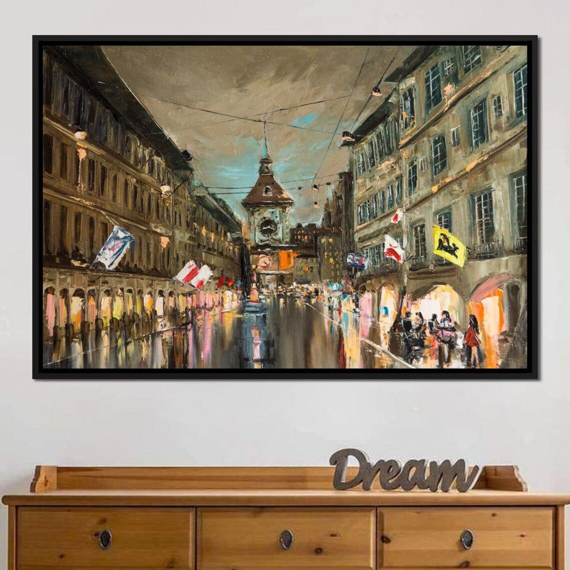European Old Town Night Street Lights Cozy City Painting Travel Poster - Image 2