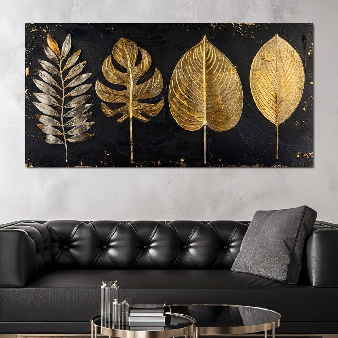 Gold Leaves Black Background Elegant Botanical Luxe Modern Wall Art - Image 4