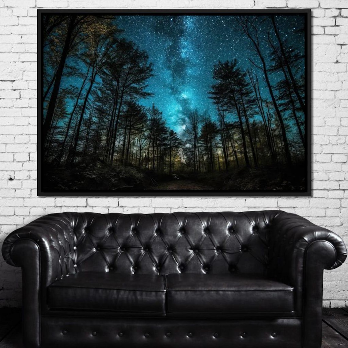 Starry Night Forest Silhouette Night Sky Decor Nature Wall Art Serene Landscape Home Decor Celestial Art By Nichecanvas - Image 2