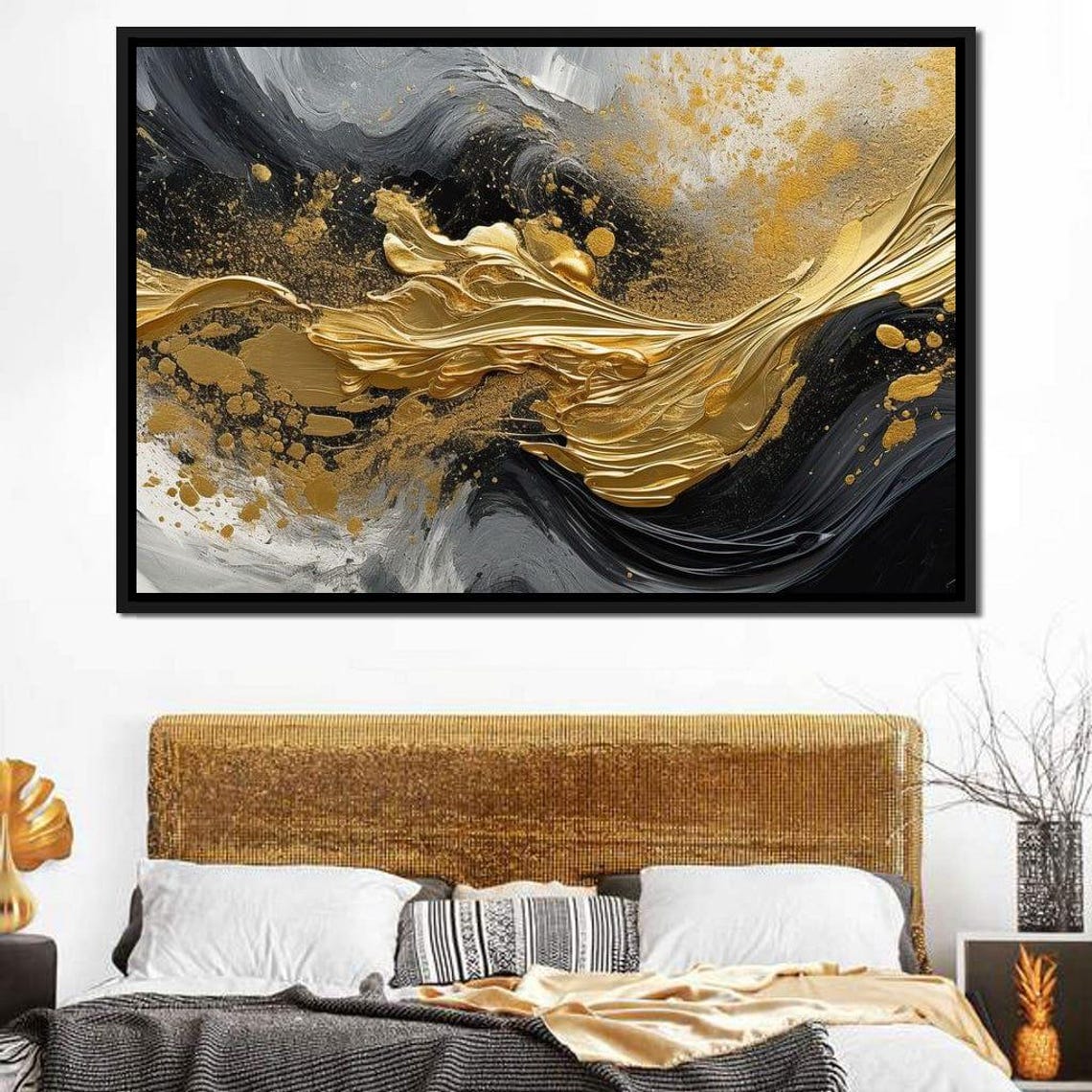 Black Gold Fluid Wave Splash Five Panel Modern Abstract Wall Art - Image 4