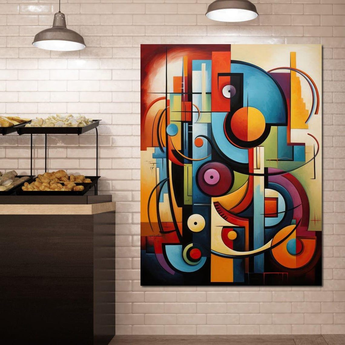 Multicolor Cubist Geometric Circles Framed Modern Abstract Wall Art - Image 2