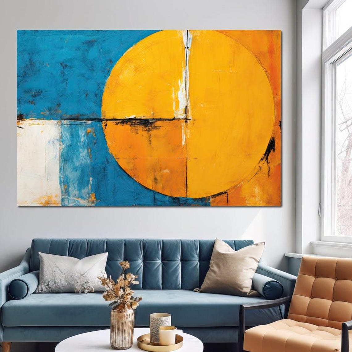 Teal Orange Abstract Sun 5 Panel Canvas Bold Horizon Circle Wall Art - Image 3