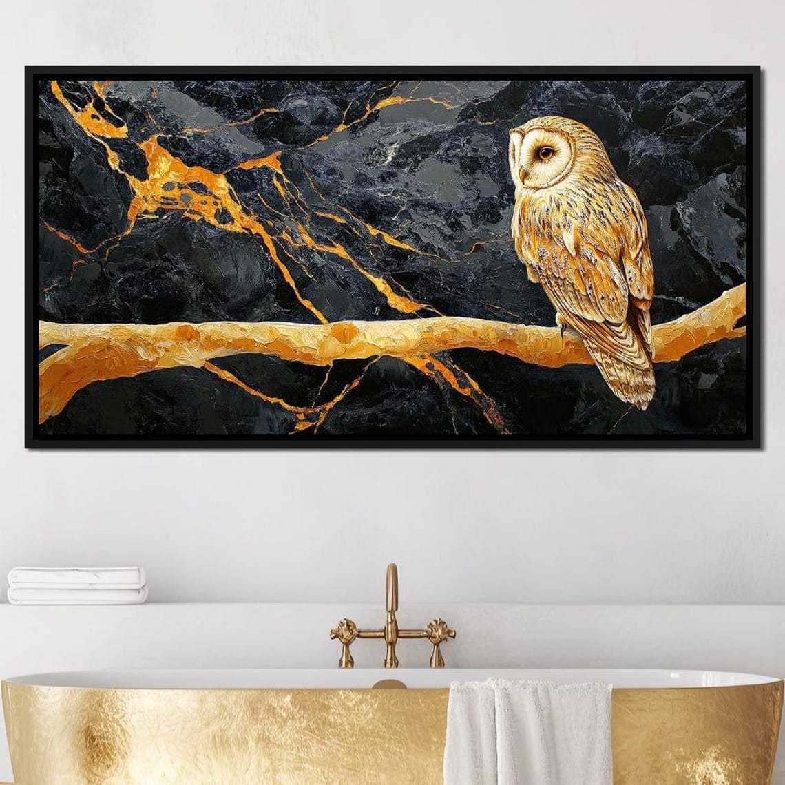 Golden Owl Marble Branch Black Gold Elegant Nocturnal Wildlife Poster - Image 4