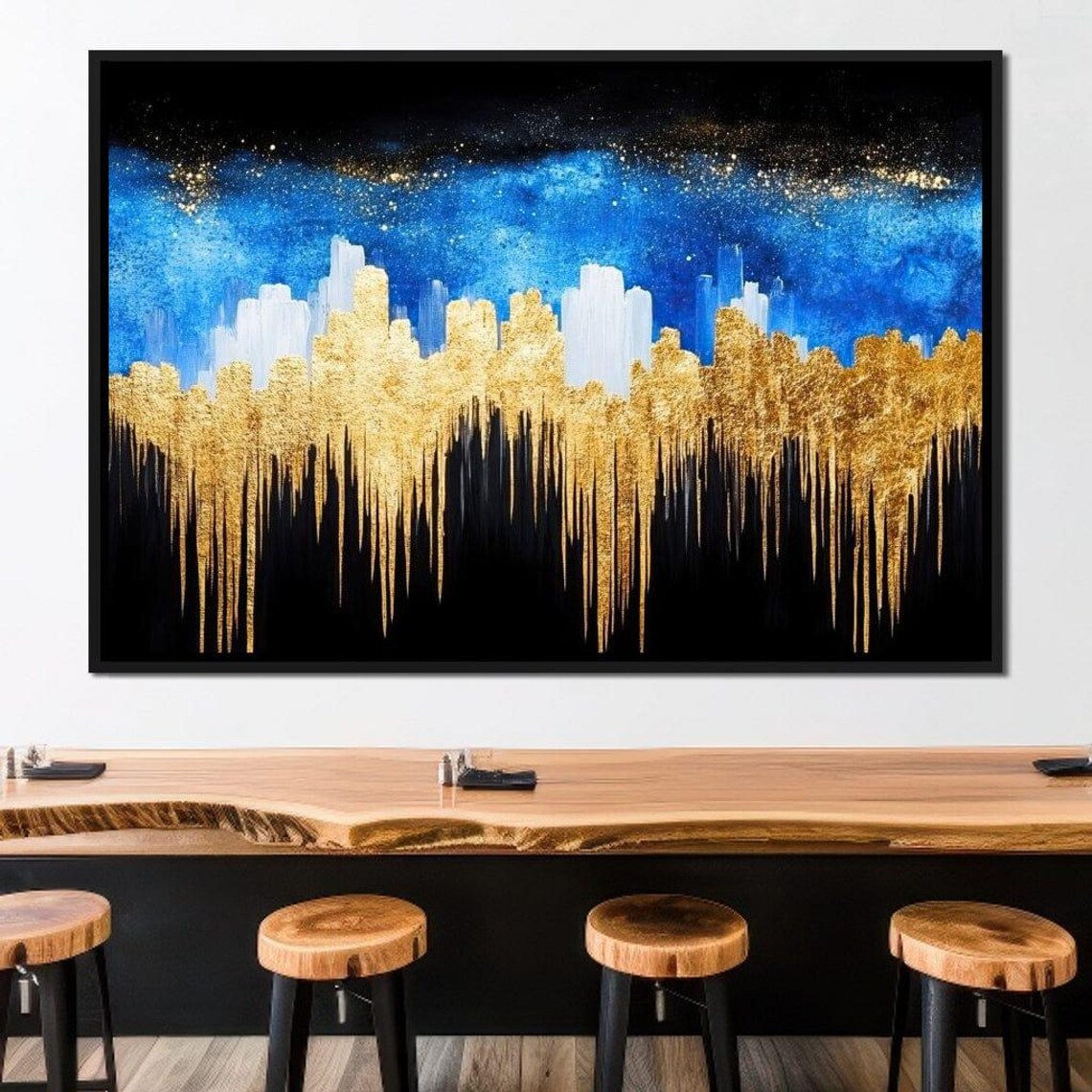 Golden Dripping Skyline Over Blue Starry Night Abstract City Poster - Image 4