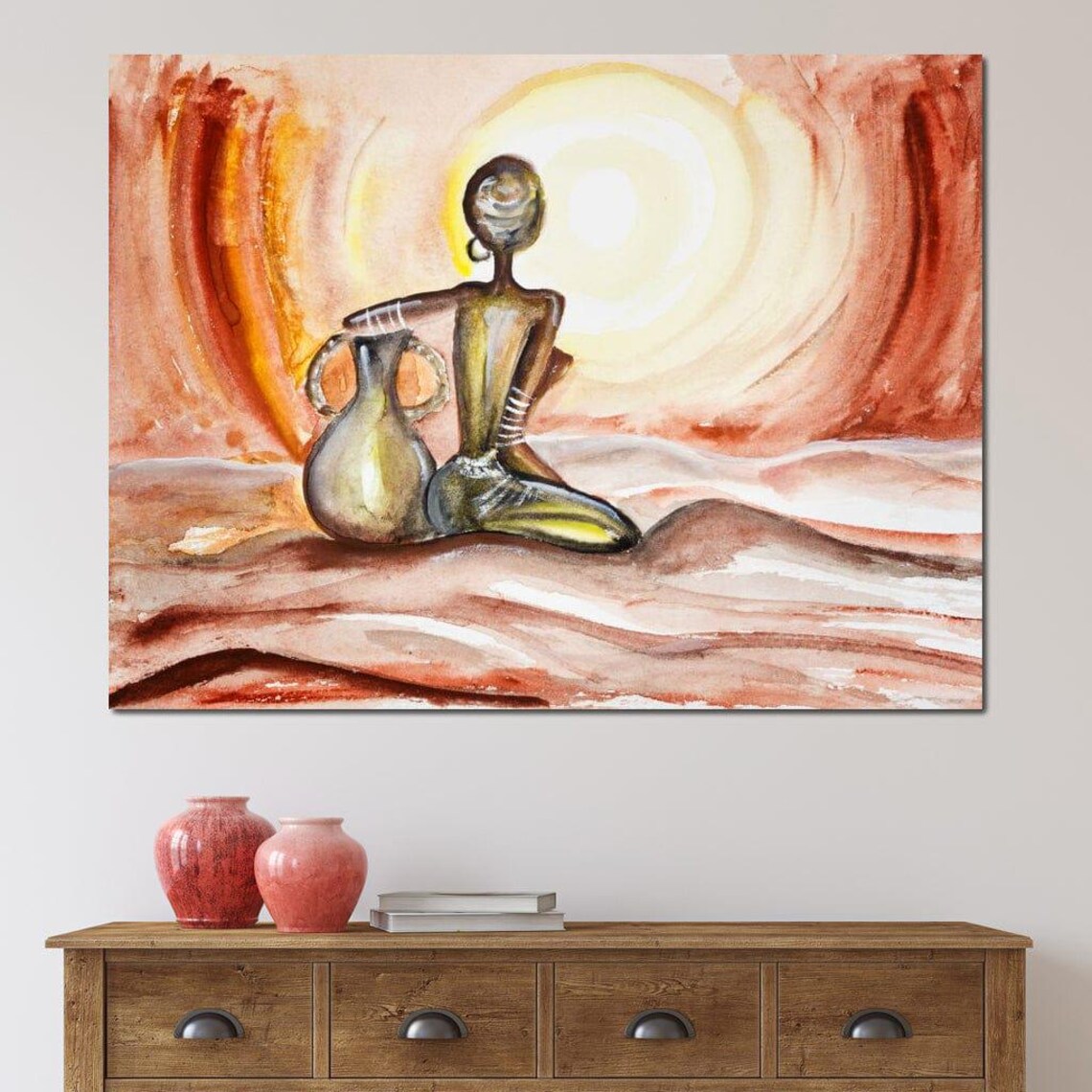 African Woman With Clay Jug Desert Sunset Watercolor Warm Tones Poster - Image 4