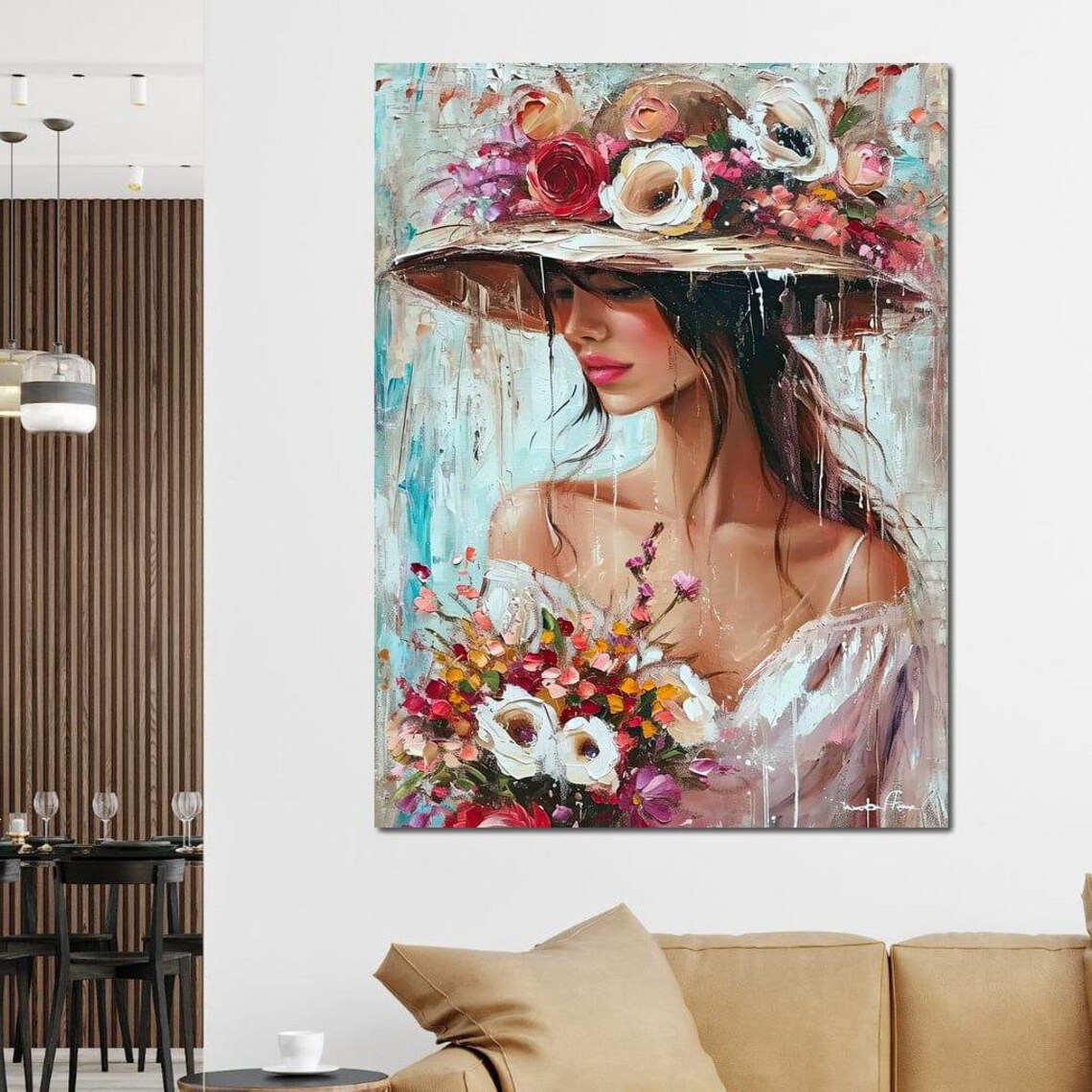 Woman Floral Straw Hat Roses Bouquet Impressionist Oil Painting Print - Image 2
