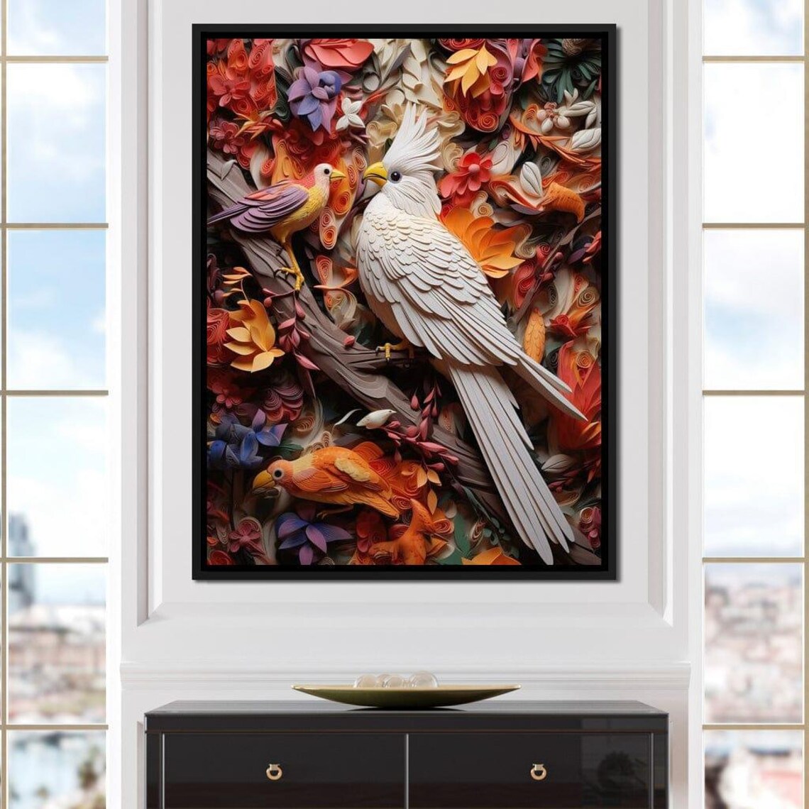 White Cockatoo Paper Quilling Birds Colorful 3D Floral Wall Art
