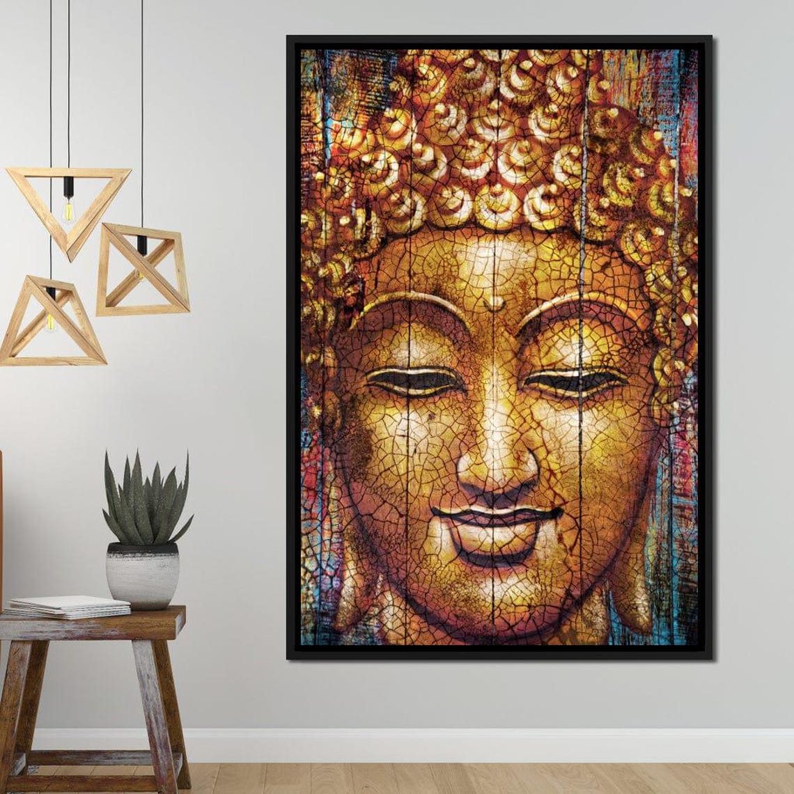 Golden Buddha Face Crackle Texture Warm Spiritual Wall Art Print