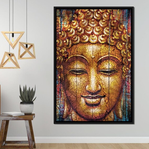 Golden Buddha Face Crackle Texture Warm Spiritual Wall Art Print