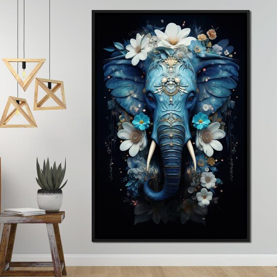 Blue Elephant Head Floral Boho Spiritual Mystical Colorful Animal Art Poster