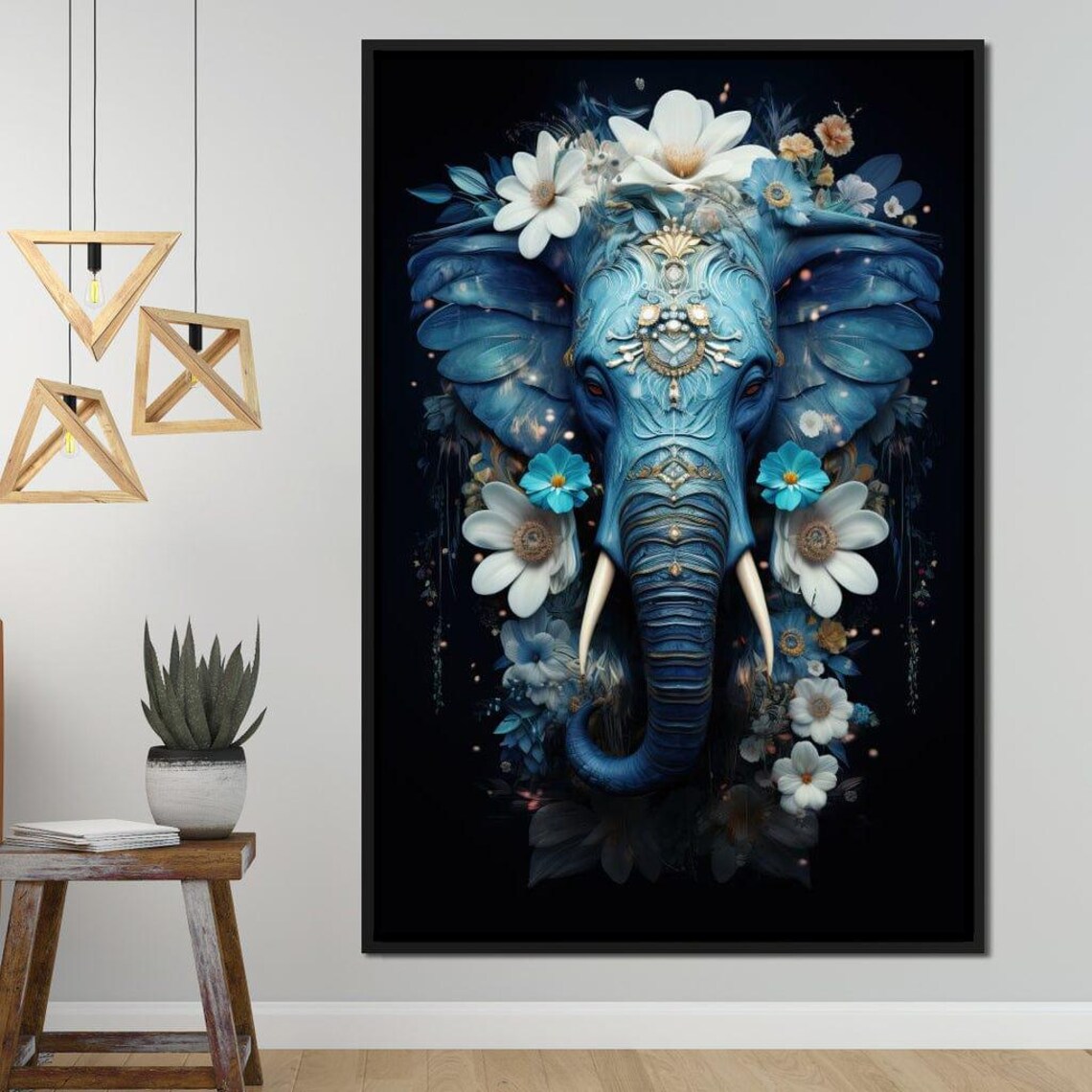 Blue Elephant Head Floral Boho Spiritual Mystical Colorful Animal Art Poster