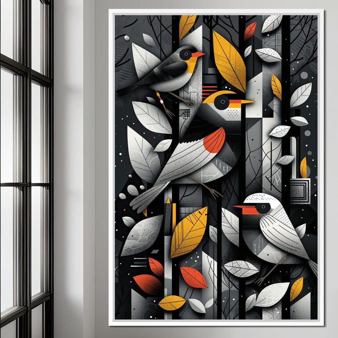 Geometric Birds Autumn Leaves Black White Gold Modern Avian Wall Art - Image 2