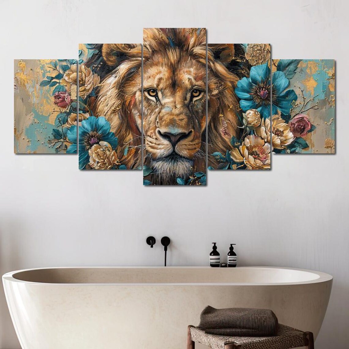 Majestic Lion Floral Wreath Portrait Teal Gold Botanical Regal Wildlife Wall Poster - Image 4
